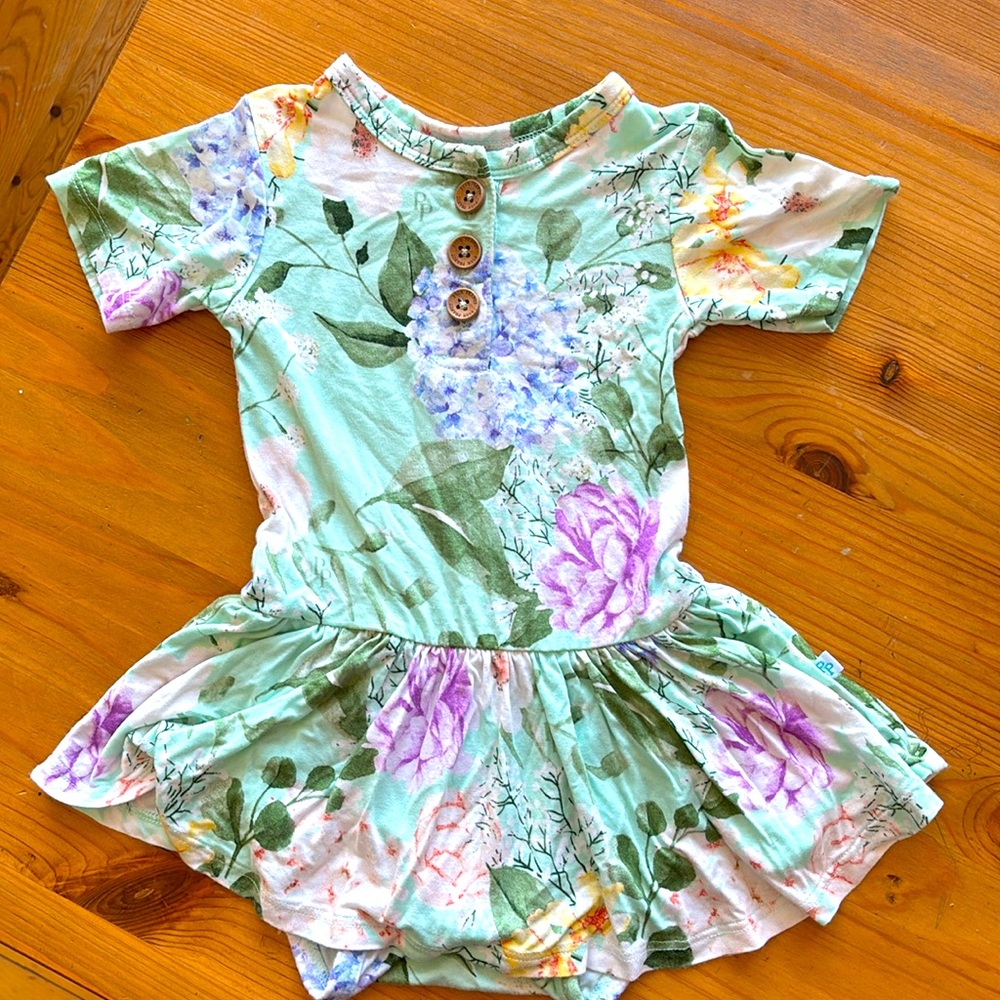 Posh Peanut Mint Floral Short Sleeve Dress with Purple & Yellow Flowers